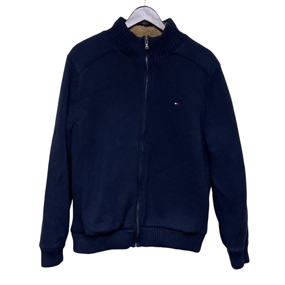 Tommy Hilfiger Blue Knit Sherpa Lined Sweater Jacket Mens Size Medium